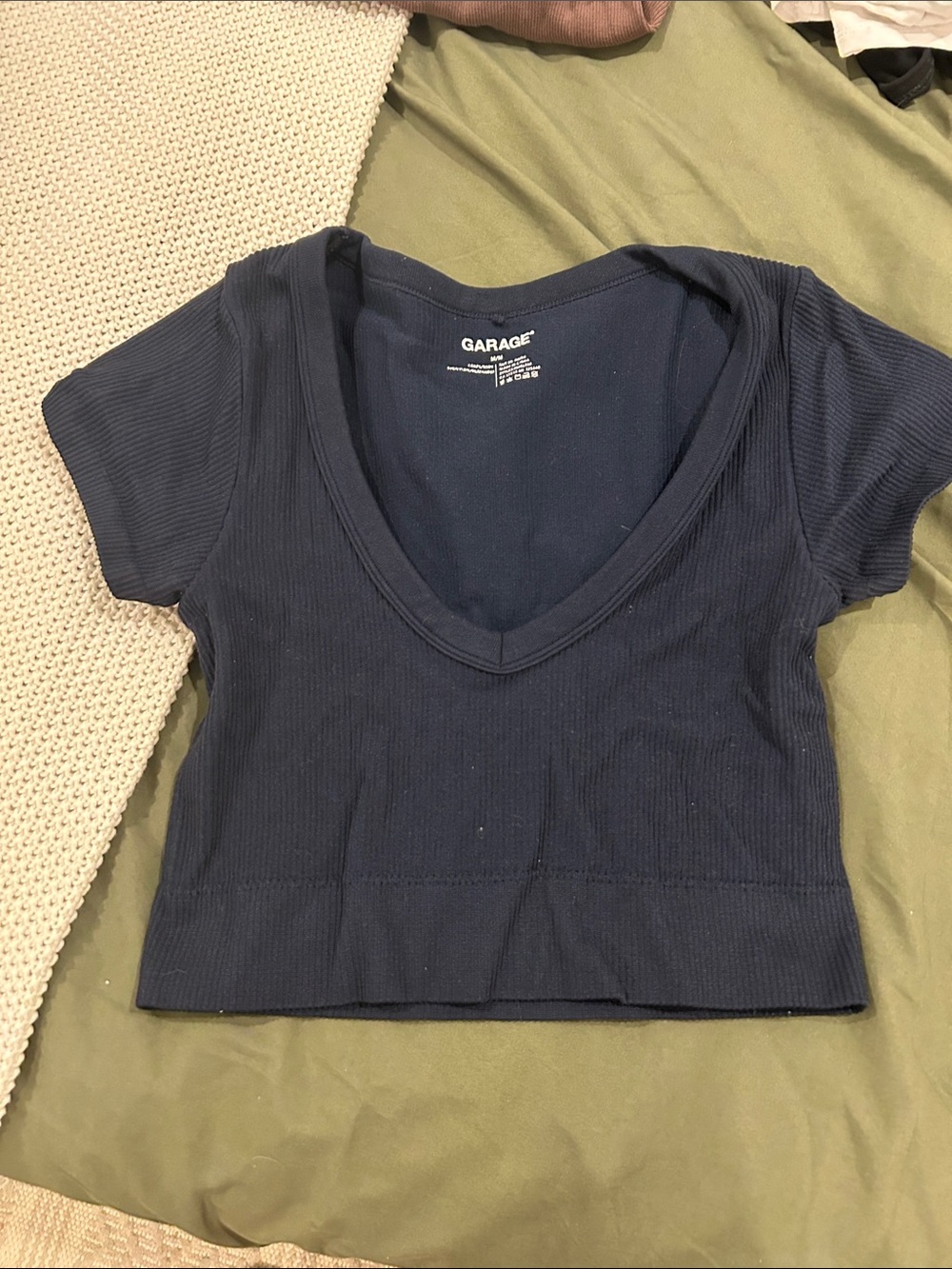 Garage Navy Ribbed V-Neck Short Sleeve Crop Top